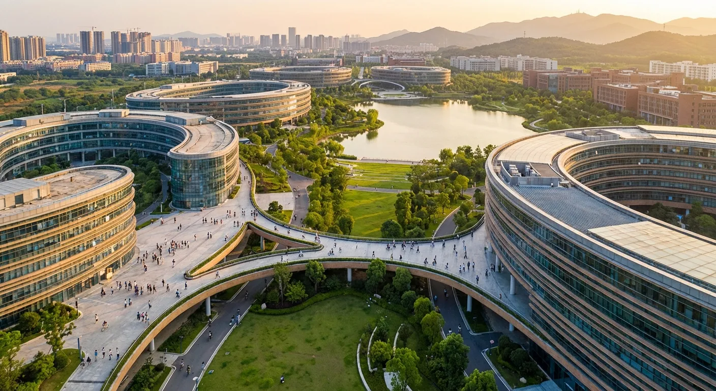 Aerial view of modern Chinese university campus with technology buildings