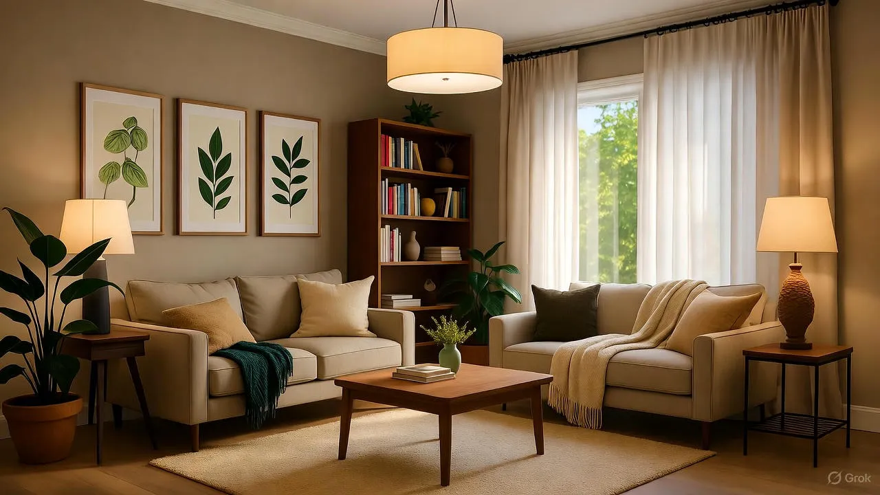 Peaceful living room with natural light, plants, and calming neutral tones