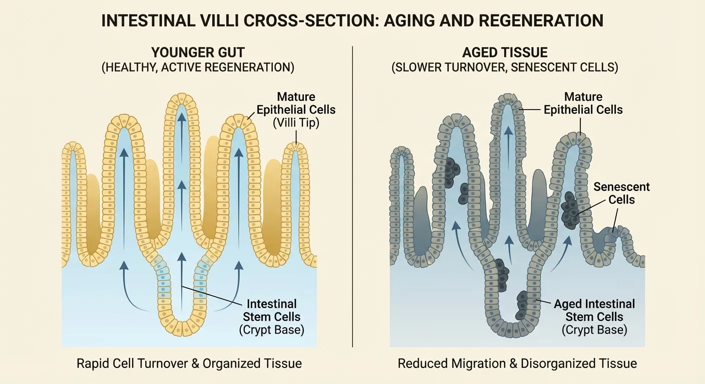 Diagram showing intestinal stem cells and the regeneration process in the gut lining