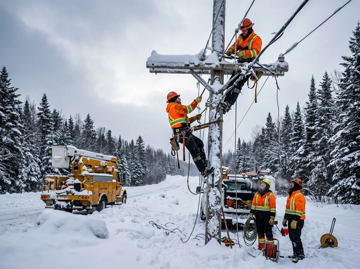 Power line crews working in deep snow to restore electricity after blizzard