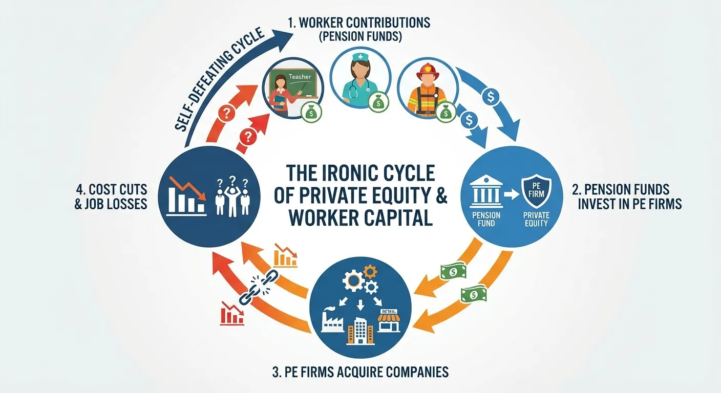 Circular diagram showing how pension funds invest in PE firms that acquire employers