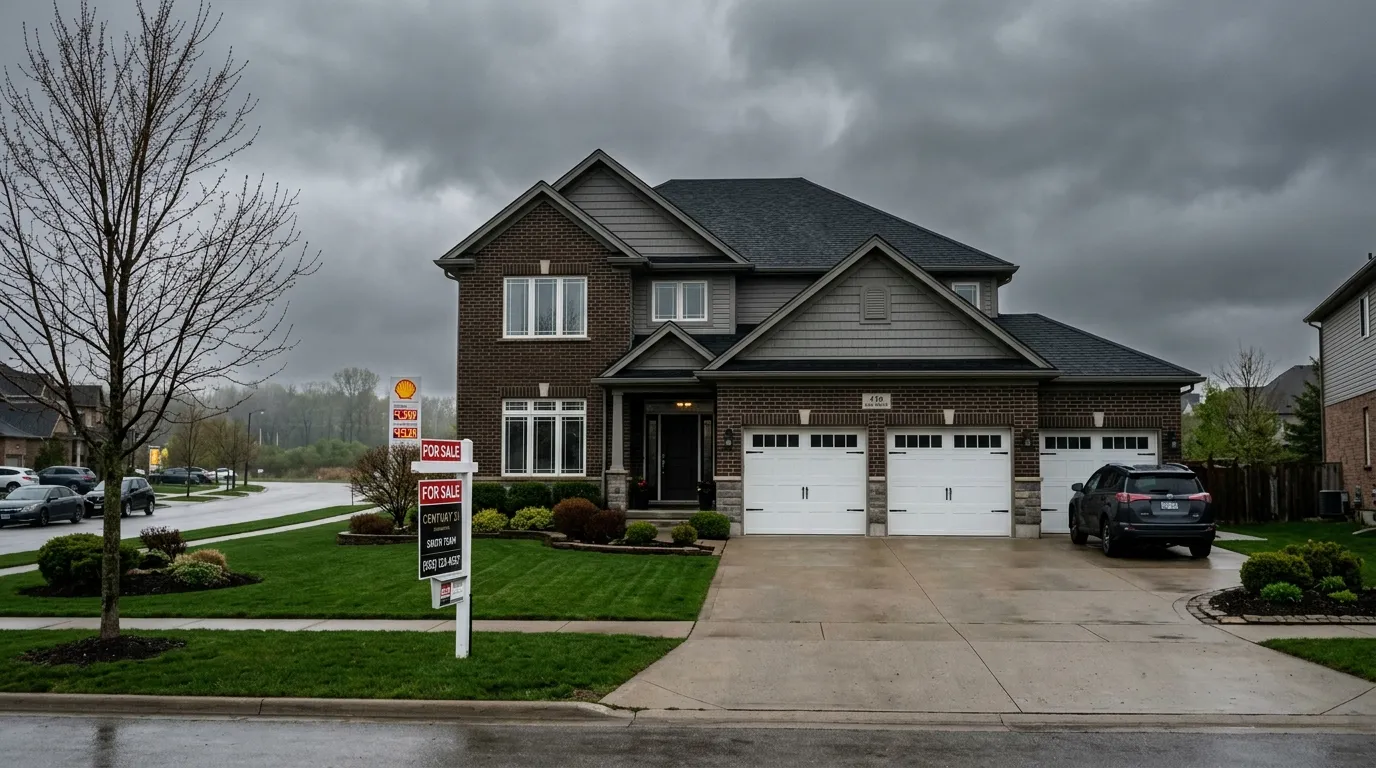 A suburban house with a for sale sign against a cloudy overcast sky