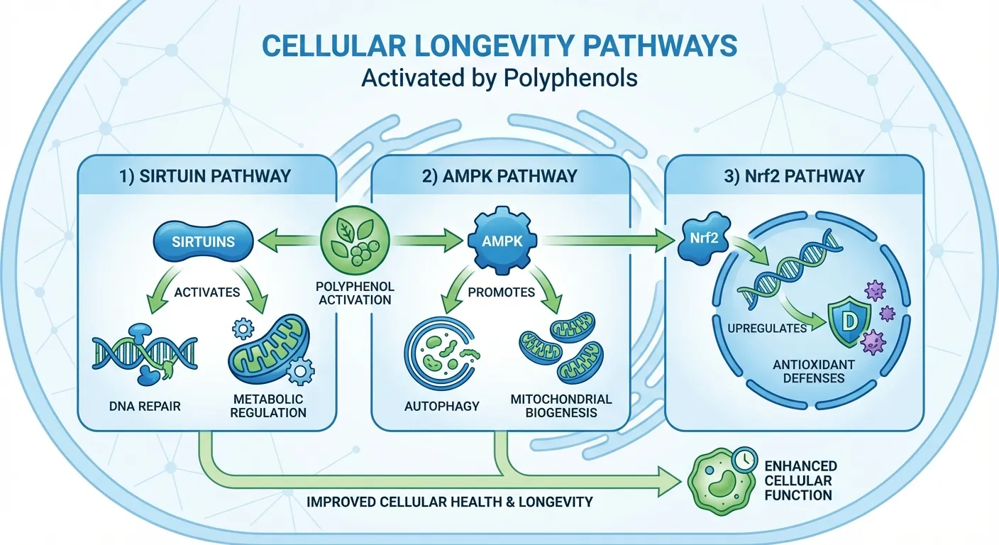 Diagram showing cellular longevity pathways including sirtuins and AMPK activation