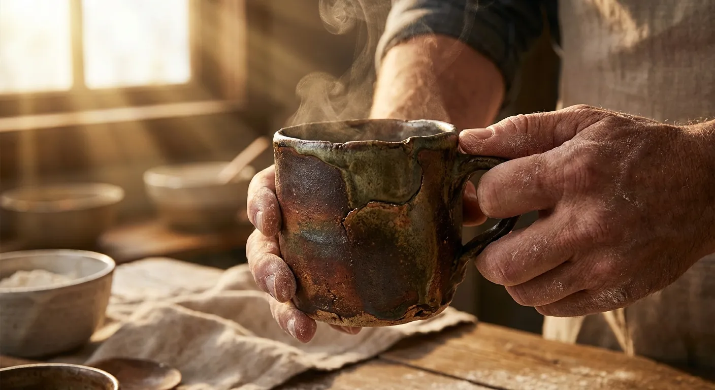 Hands holding a simple ceramic mug with imperfect glaze in warm morning light