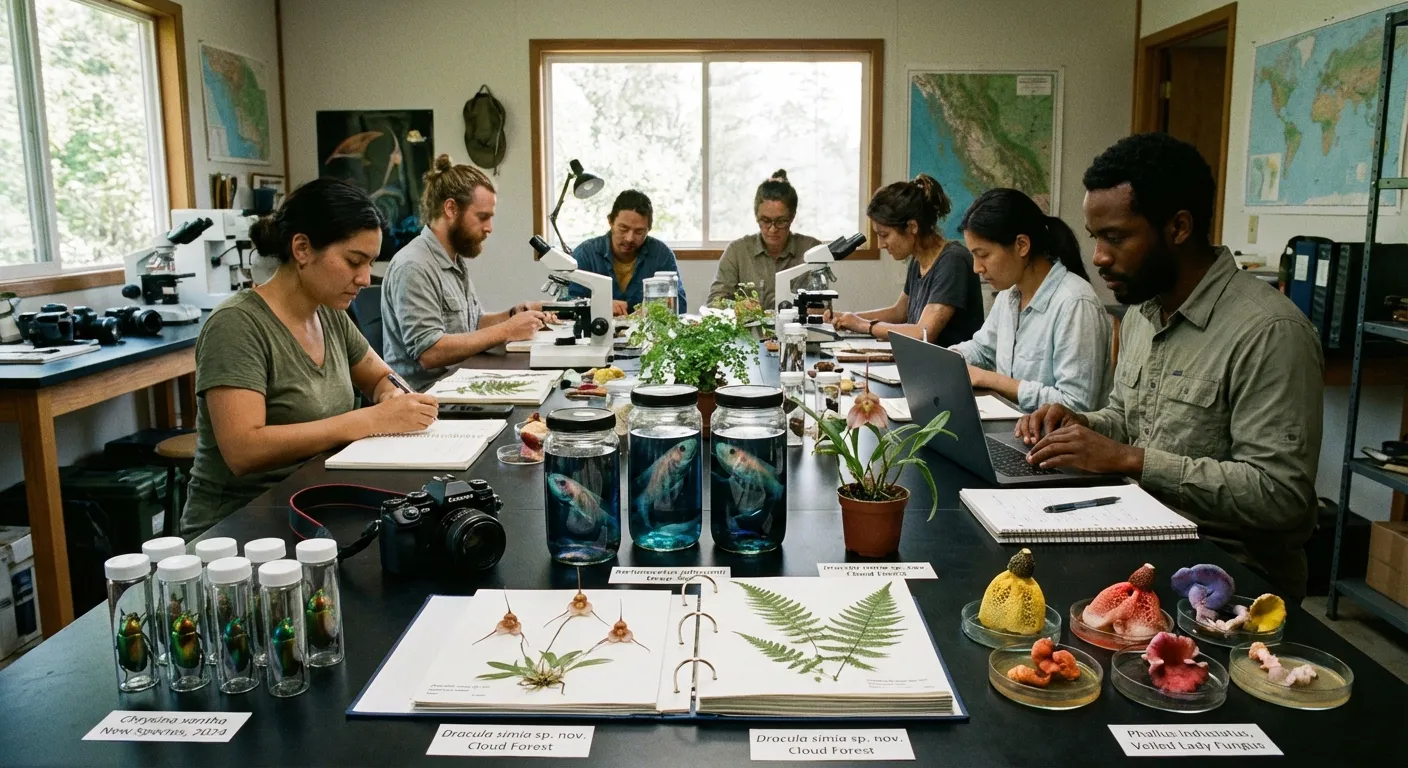 Colorful collection of newly discovered insects and marine creatures on research table