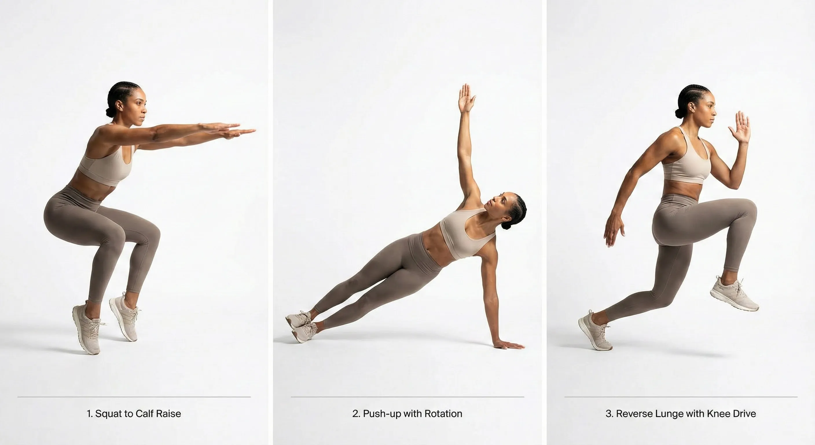 Exercise demonstration showing proper form for squat to calf raise, push-up with rotation, and reverse lunge