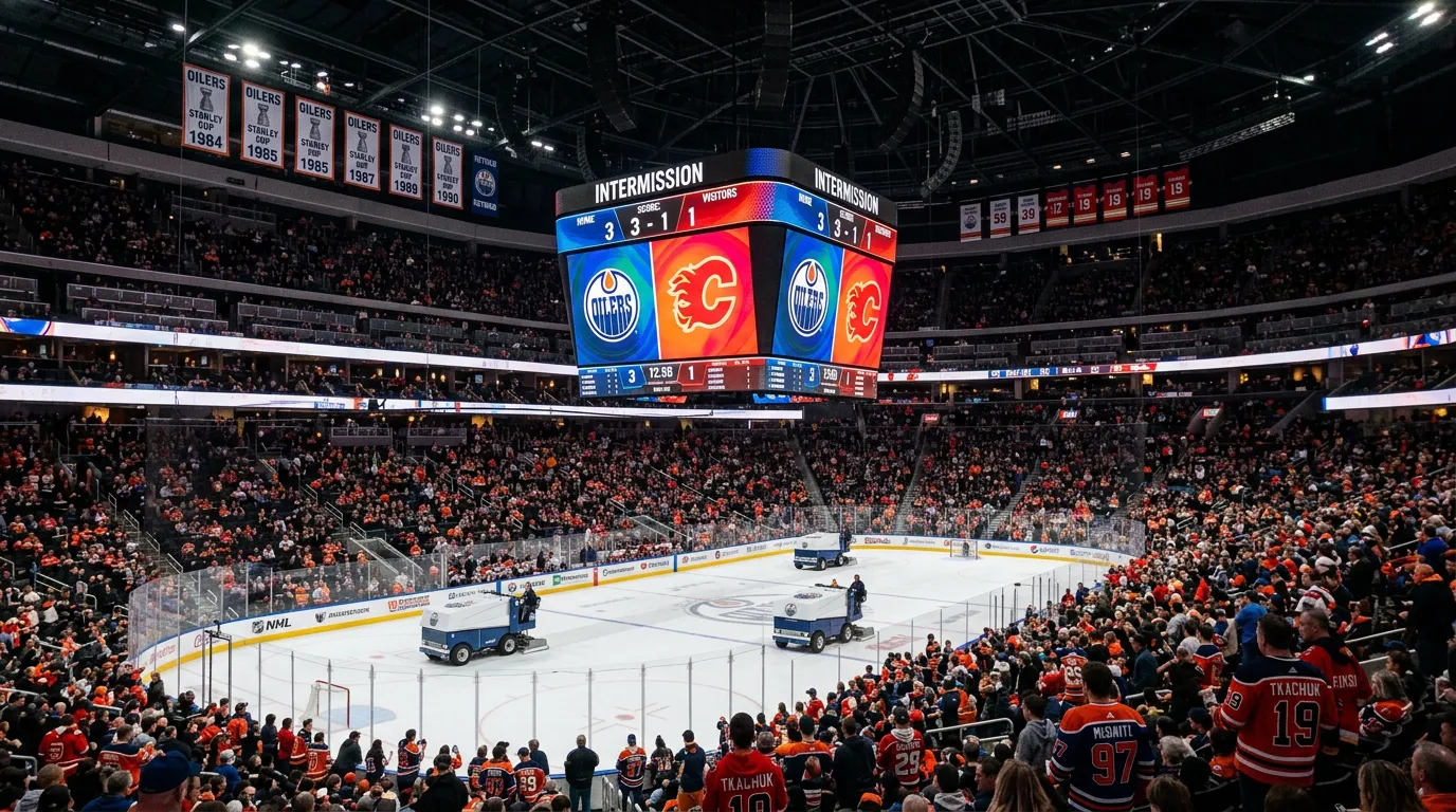 NHL arena with scoreboard displaying team logos and deadline countdown clock