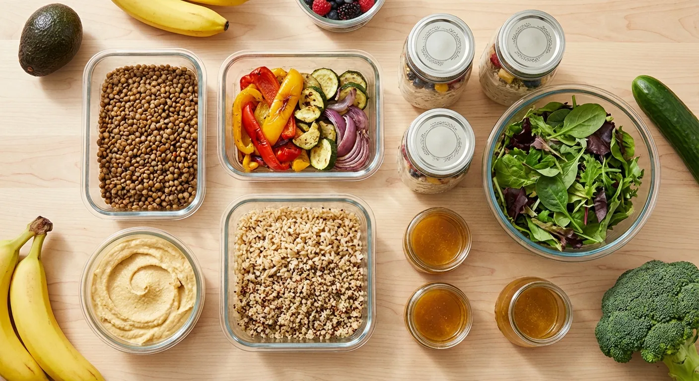 Meal prep layout showing batch-cooked whole plant foods in containers