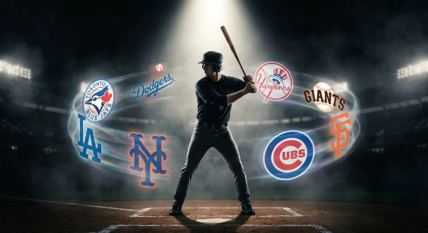 Kyle Tucker in batting stance with multiple MLB team logos surrounding him representing free agency suitors