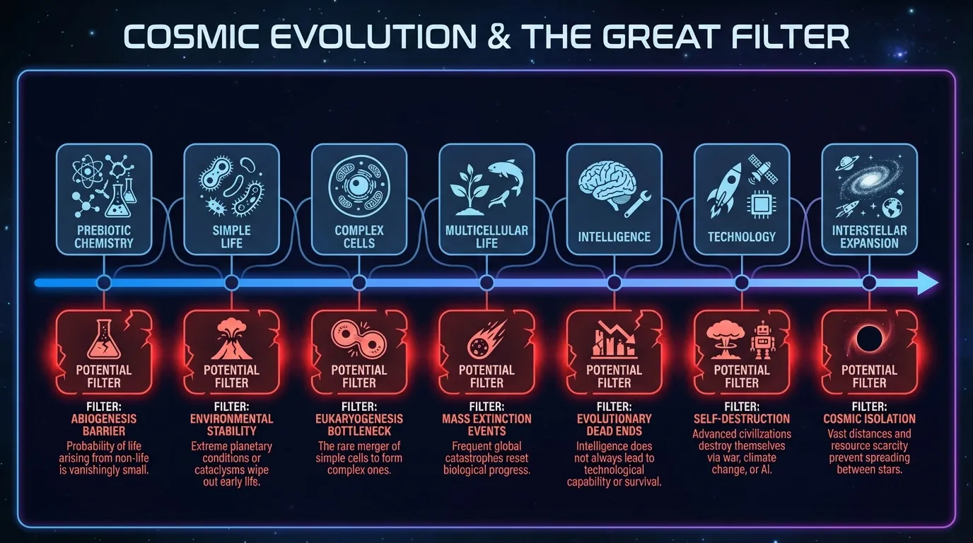 Diagram showing the Great Filter concept with various potential filter points along civilization development