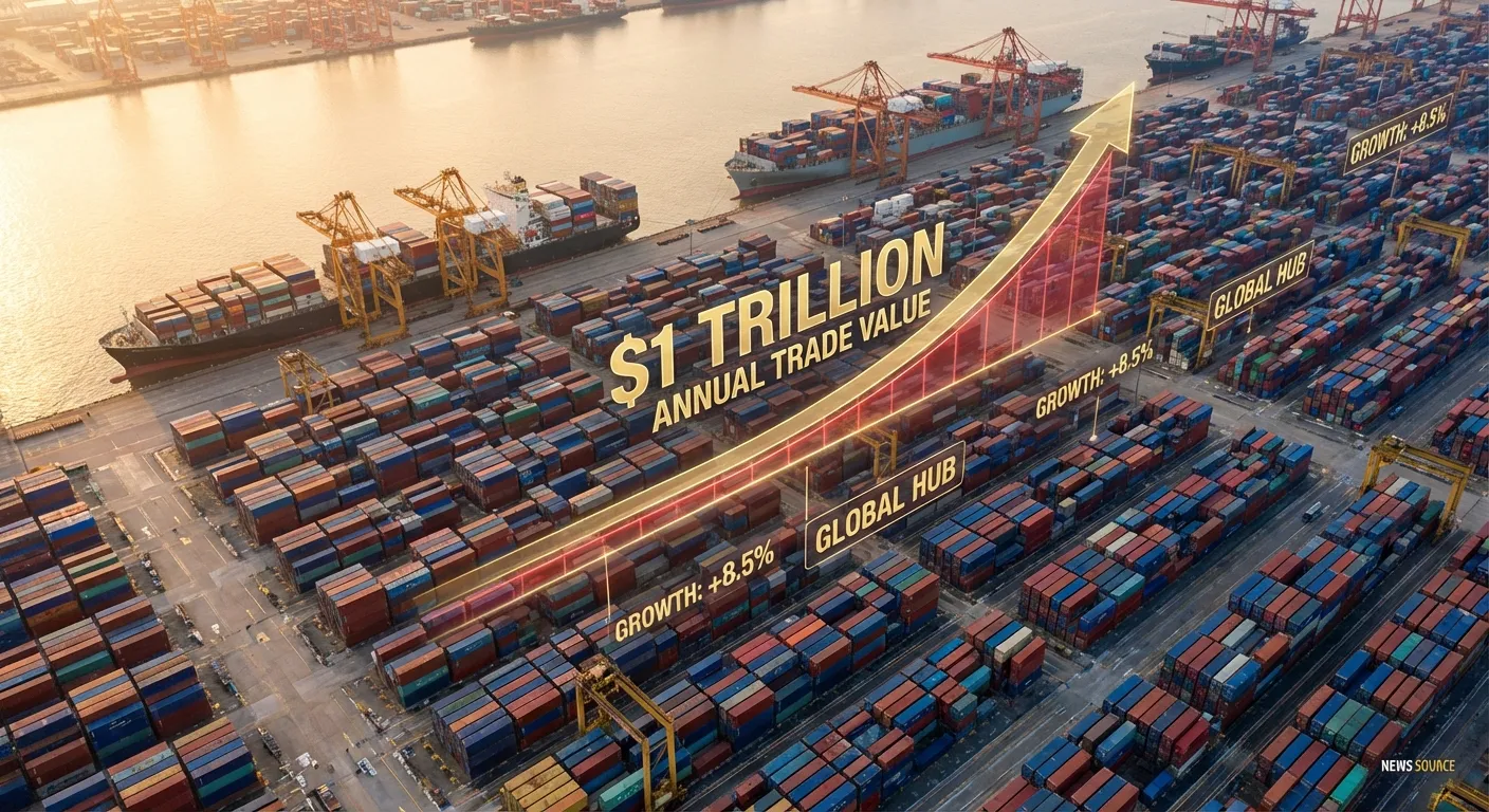 Shipping containers at a Chinese port with trillion dollar milestone visualization