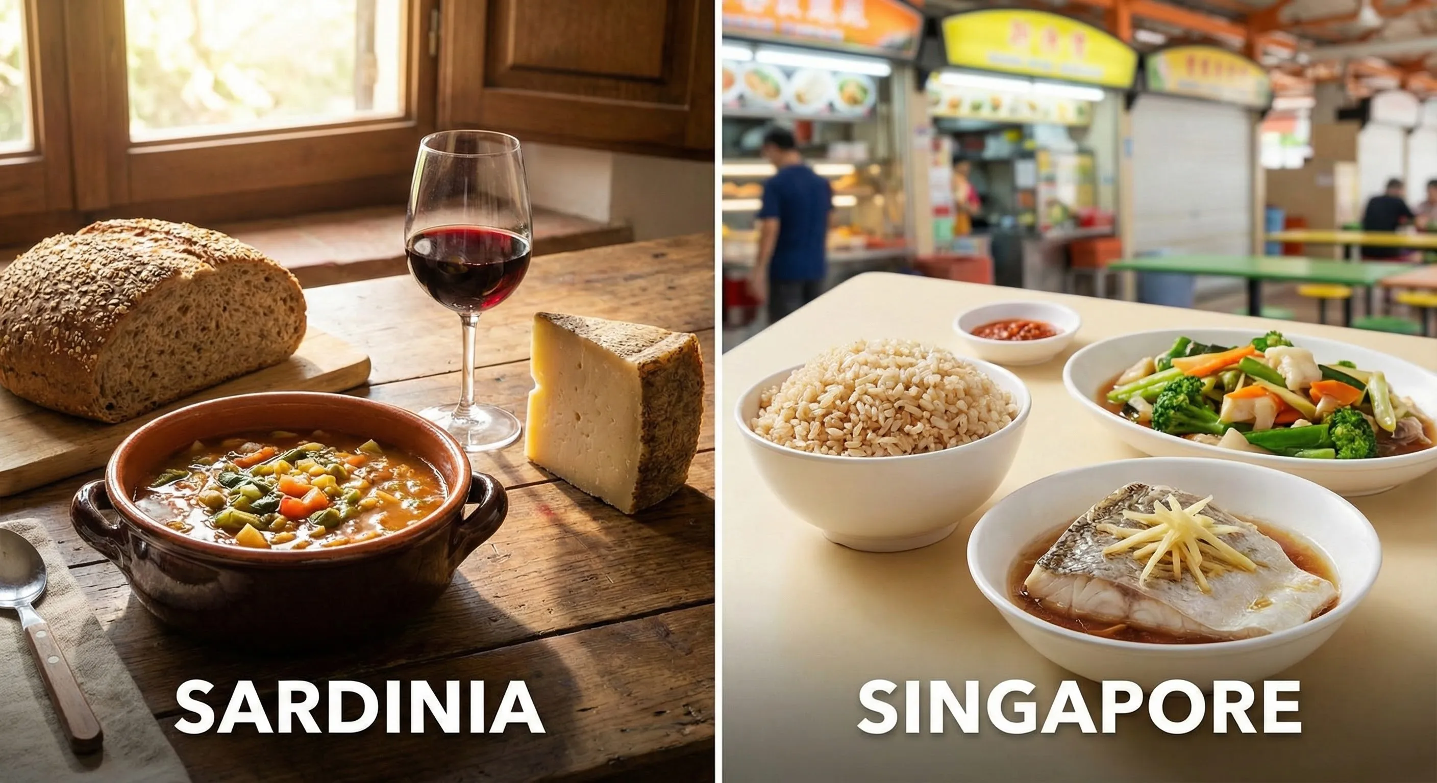 A split image showing a traditional Sardinian meal and a modern Singaporean healthy hawker stall