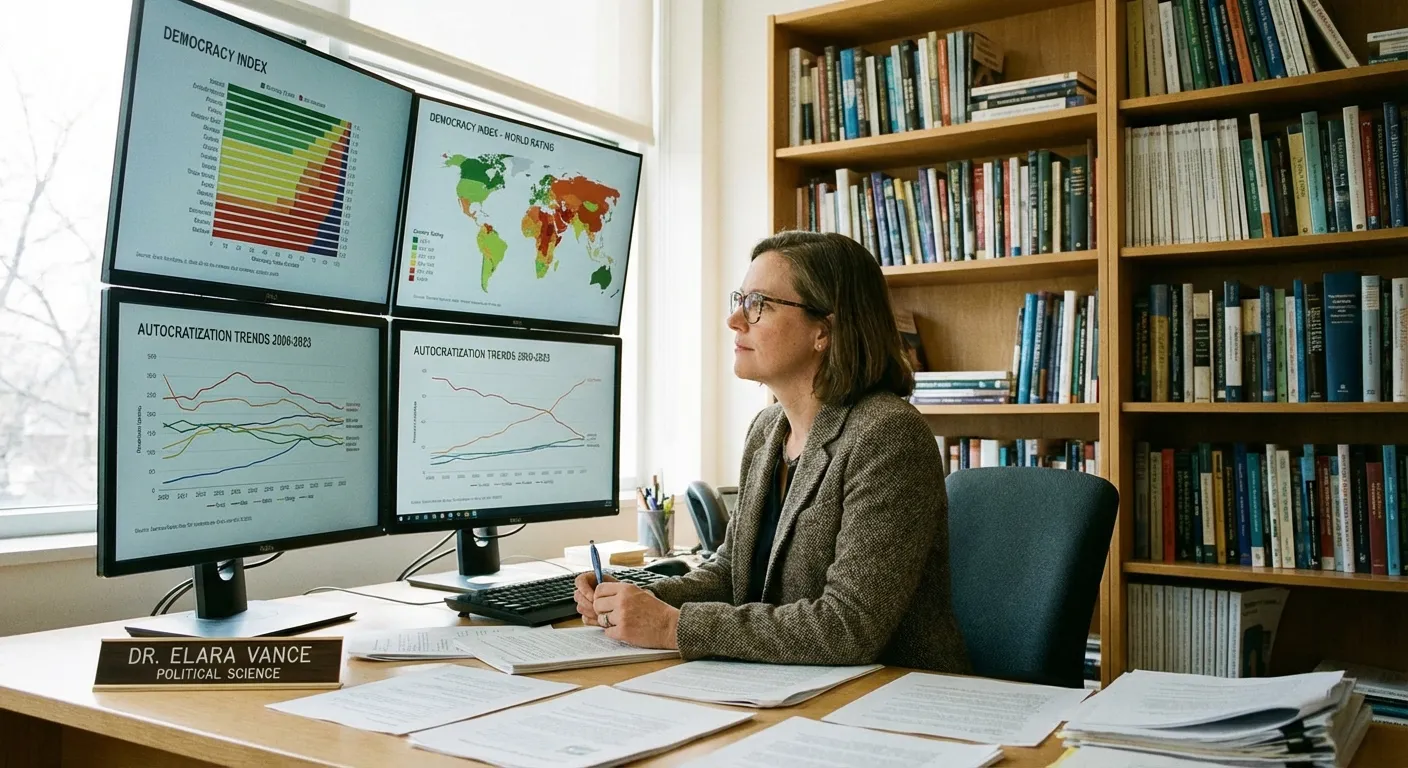 A researcher examining democracy data visualizations on multiple screens in a university setting