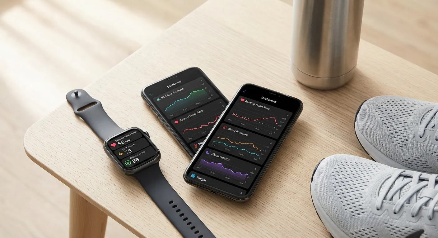 Dashboard showing multiple health metrics beyond weight including HRV, resting heart rate, and fitness scores