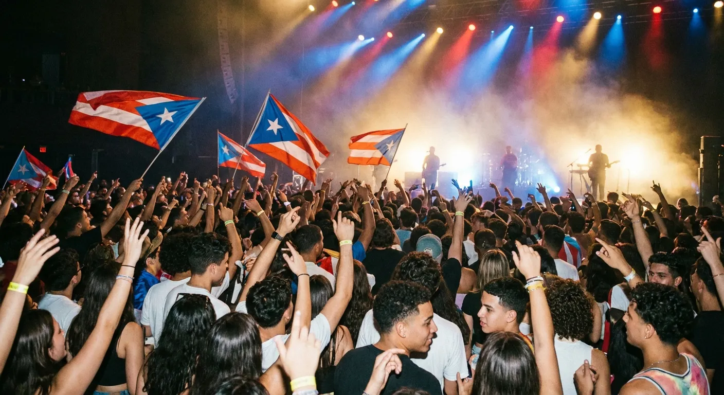 Concert crowd with raised hands and Puerto Rican flags at a music performance