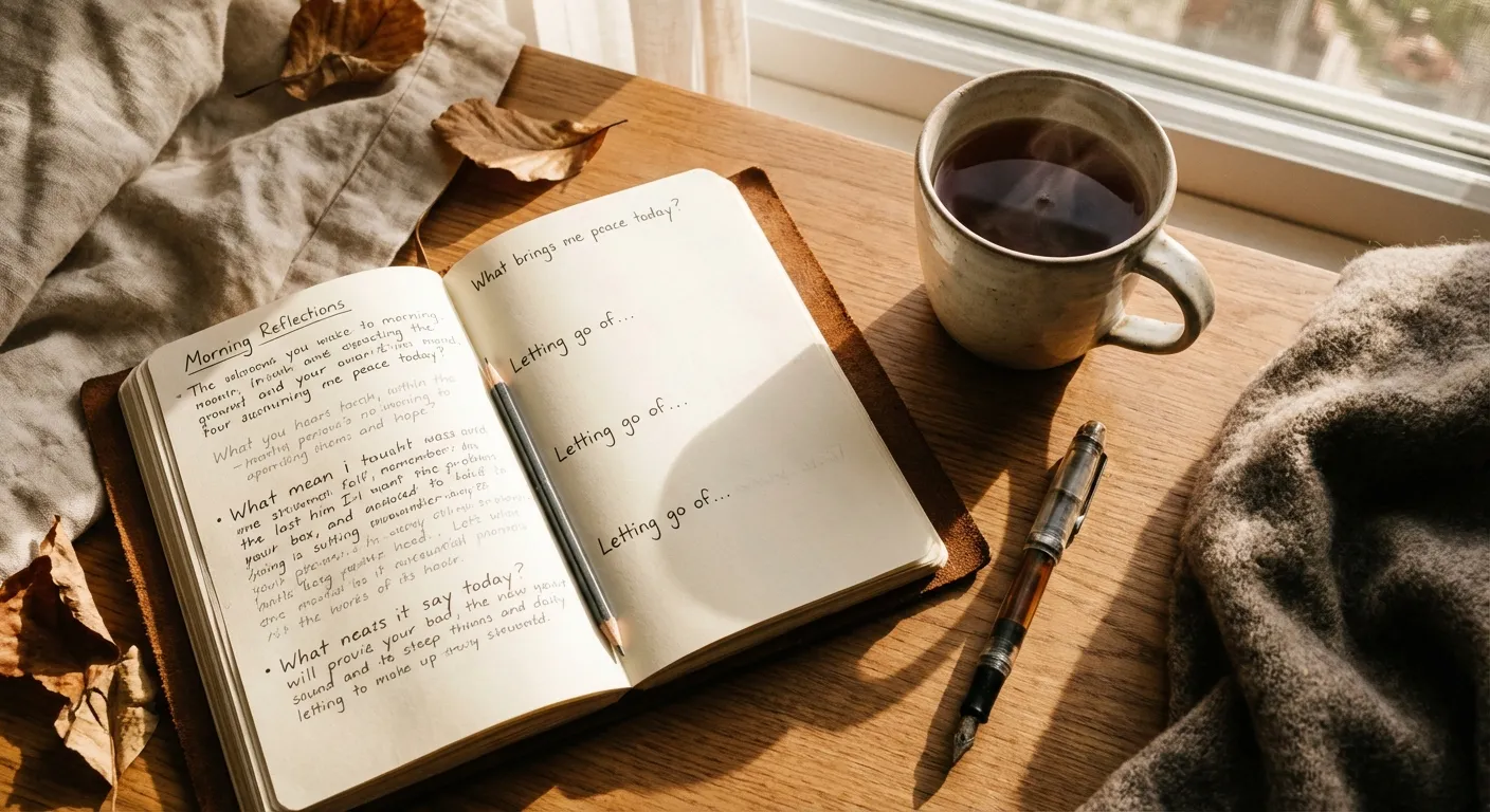 Journal open with handwritten reflection prompts and a warm cup of tea