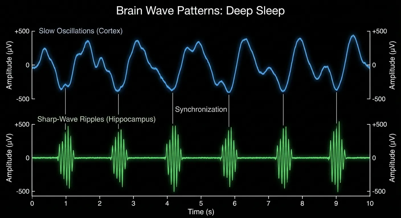 Brain wave patterns showing coordination between hippocampus and cortex during deep sleep