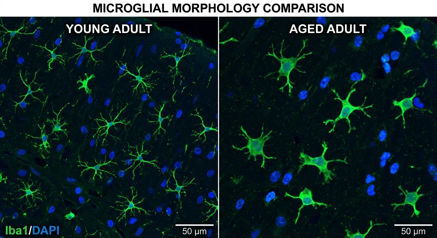 Microscopy image comparison showing microglial activation in brain tissue