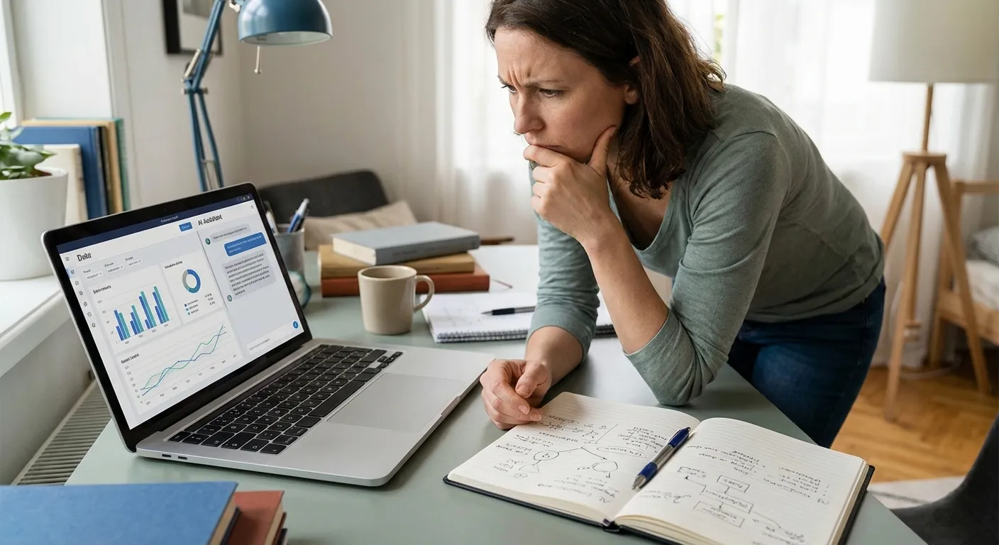 Person thoughtfully reviewing AI output on laptop with pen and paper nearby