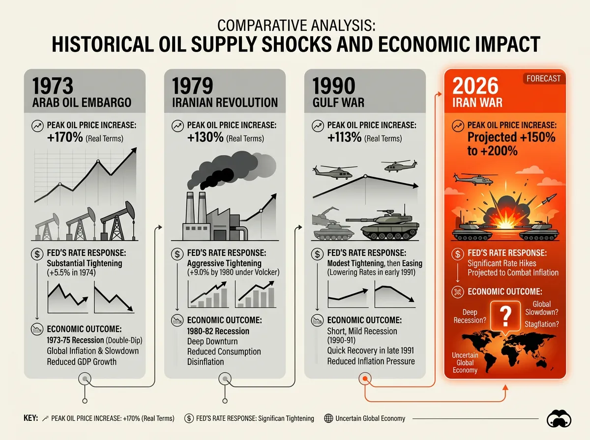 Chart comparing oil price spikes during historical supply shocks and Fed responses