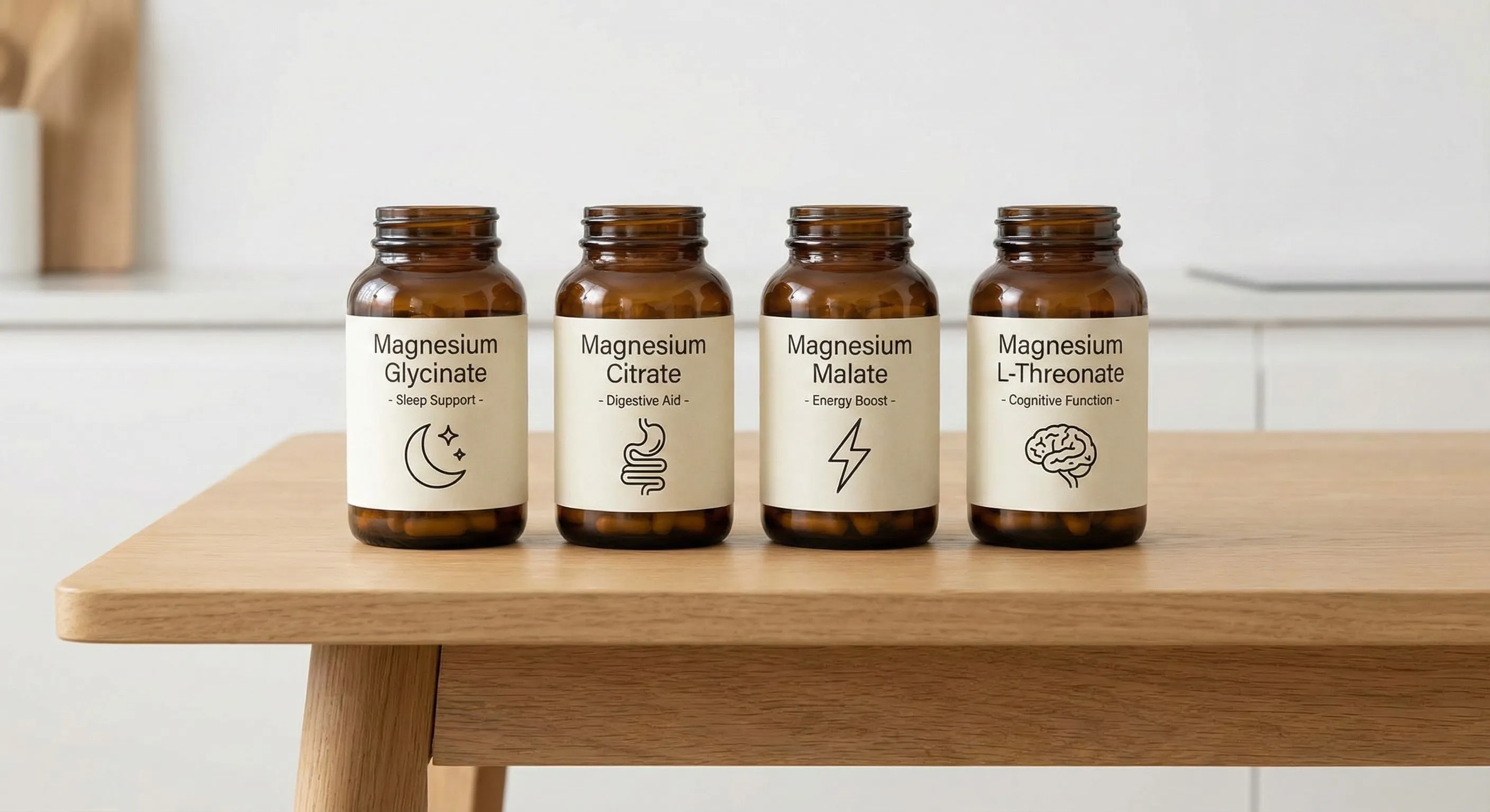 Four magnesium supplements lined up with their primary benefits labeled