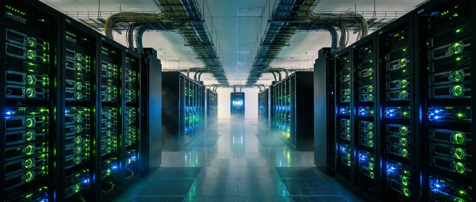 A data center hallway with rows of GPU server racks glowing with status lights