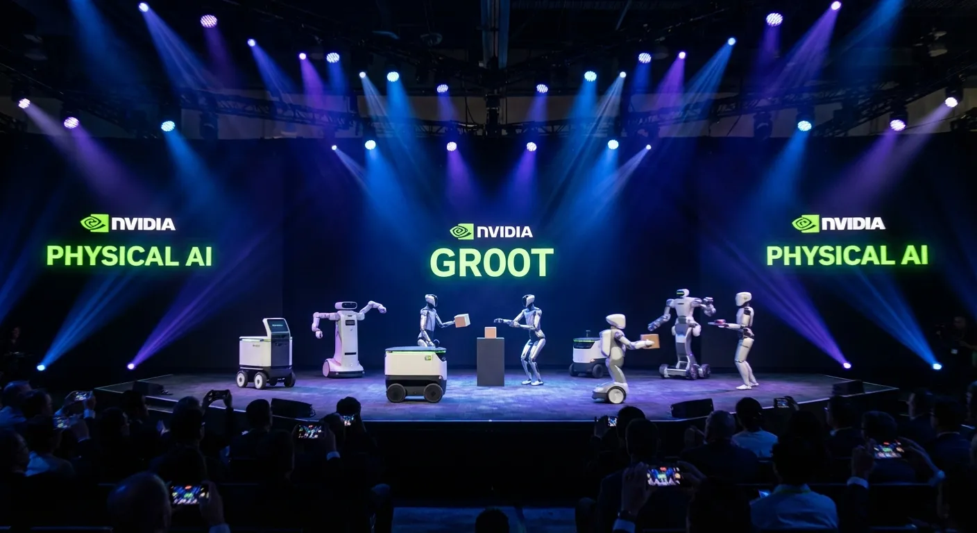 Autonomous robots demonstrating NVIDIA GR00T and Cosmos AI at CES 2026