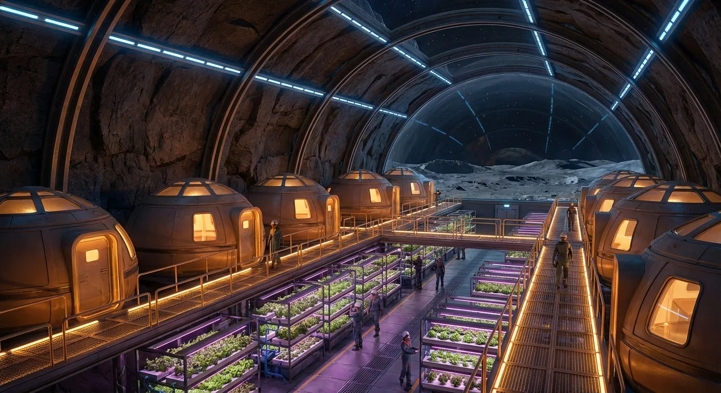 Concept art of interior lunar lava tube settlement with habitat modules and lighting