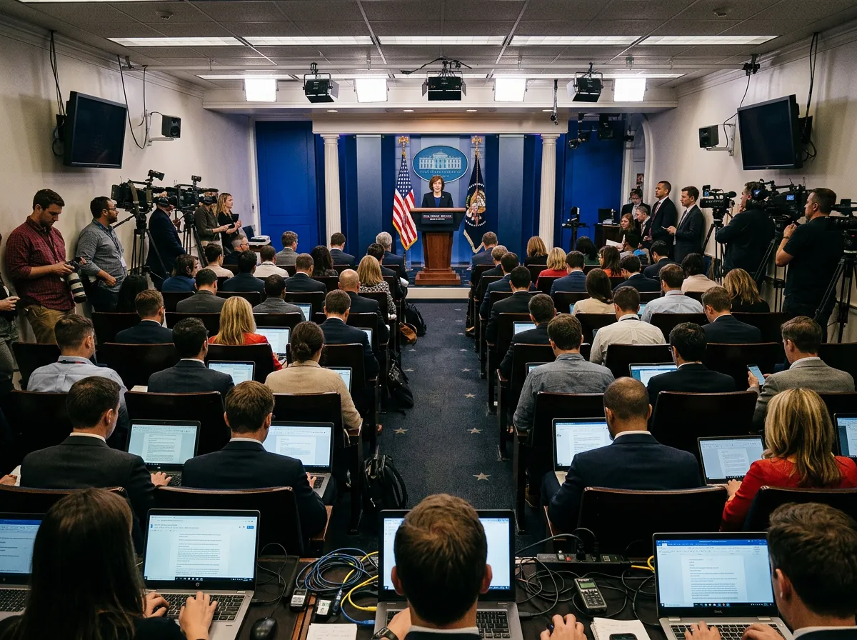 White House press briefing room with reporters and cameras during tariff announcement