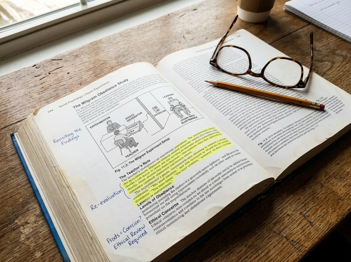 An open psychology textbook showing a diagram of the Milgram experiment setup