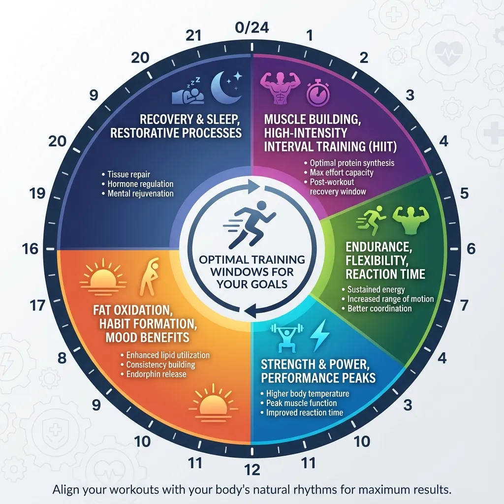 Infographic showing optimal exercise timing windows for different fitness goals
