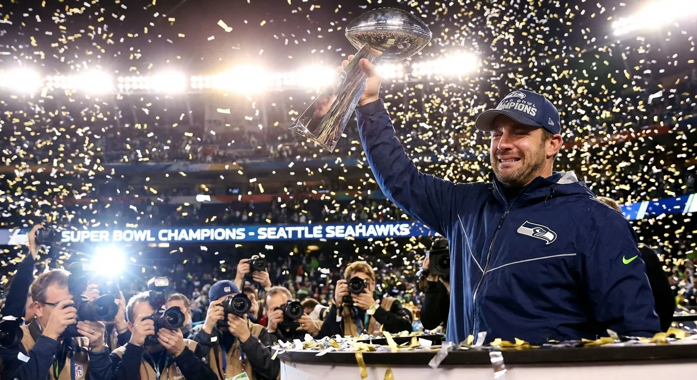 Young NFL head coach holding the Lombardi Trophy on a confetti-covered podium