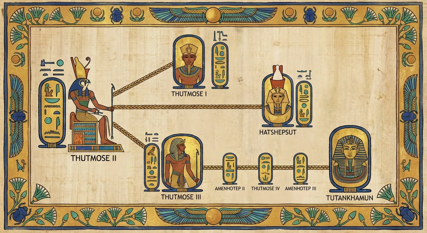Family tree diagram showing Thutmose II's relationships to other famous pharaohs