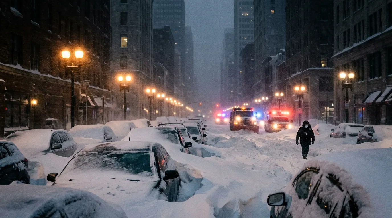 Snow-covered city street with abandoned cars and emergency vehicles during blizzard