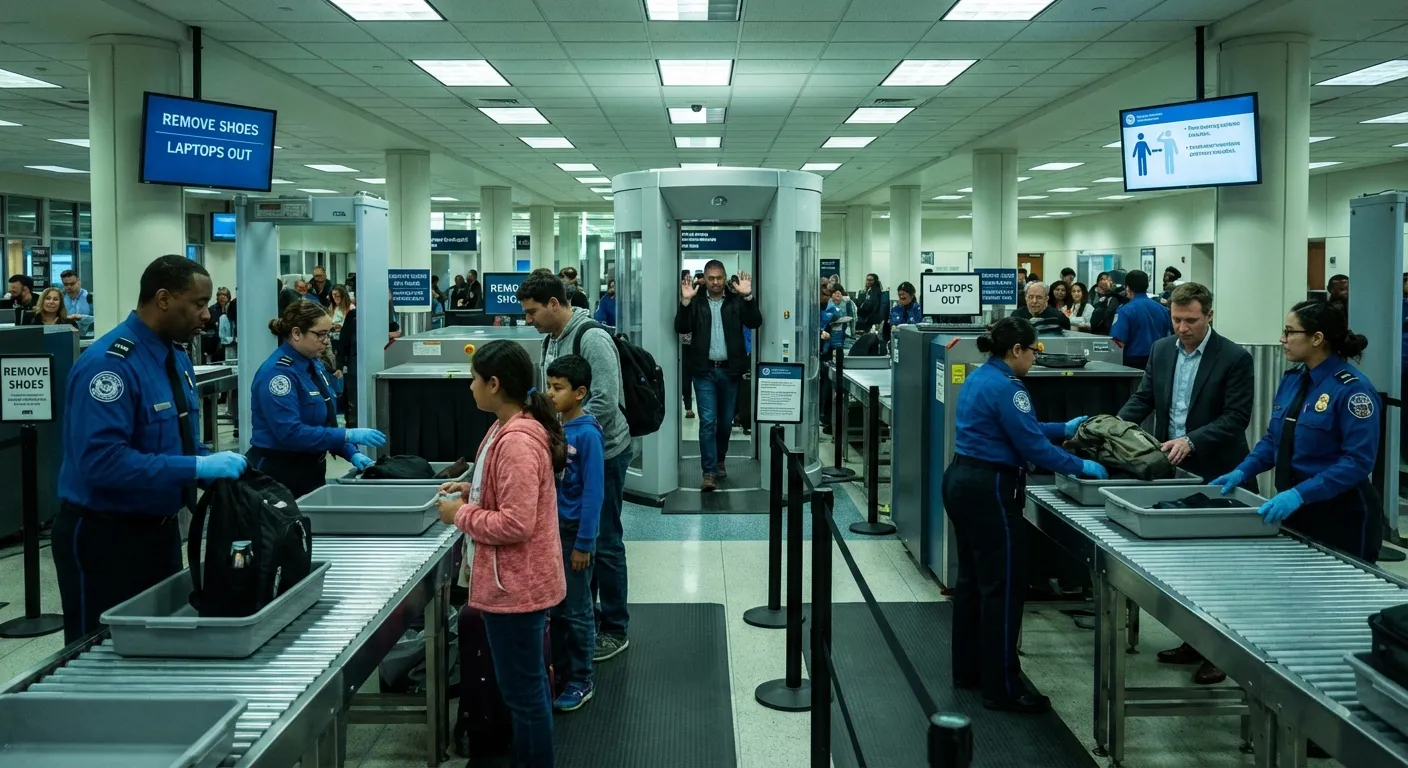 TSA agents working at airport security checkpoint with travelers in line