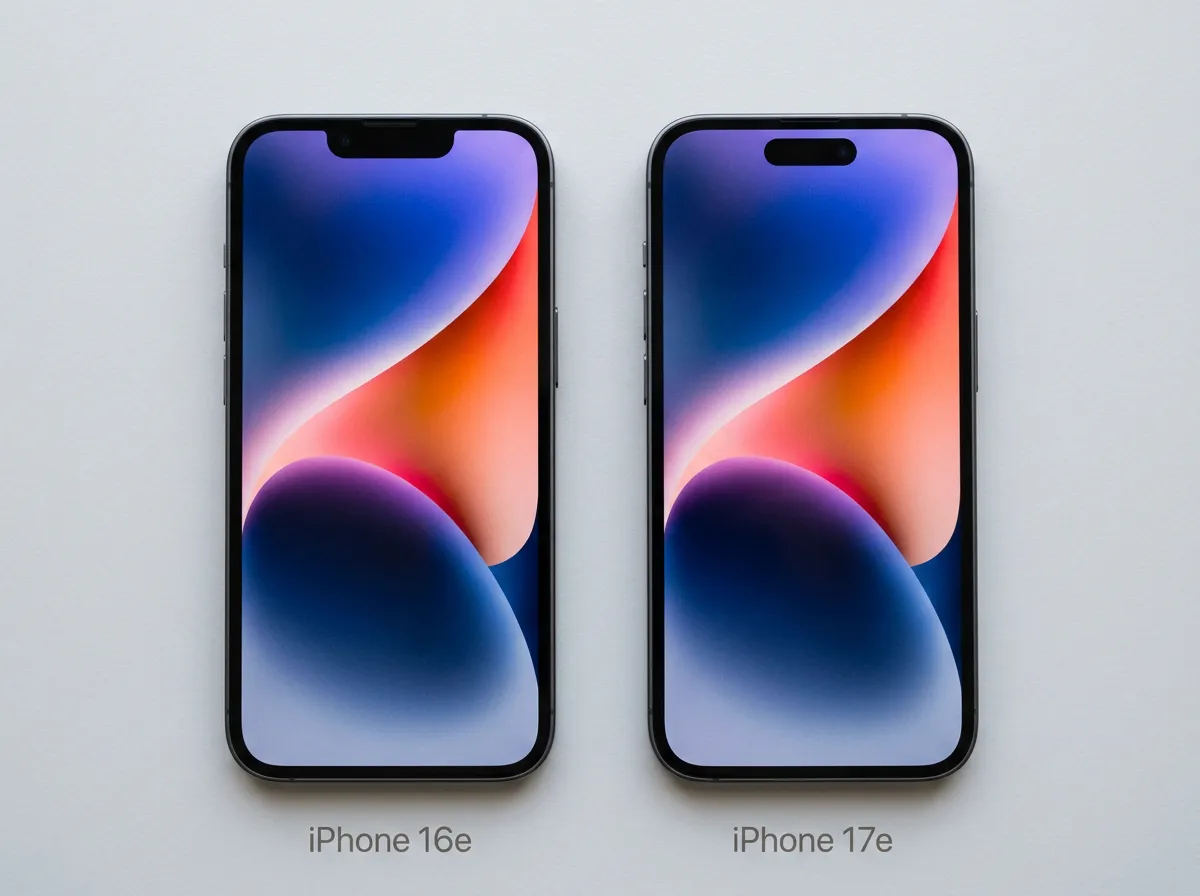Side by side comparison of iPhone 16e with notch and iPhone 17e with Dynamic Island