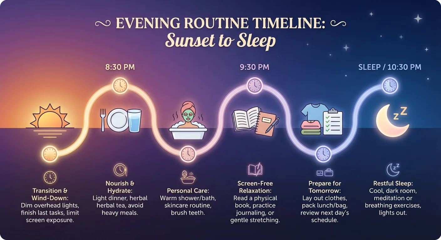Timeline showing ideal evening routine from 2 hours before bed to sleep onset