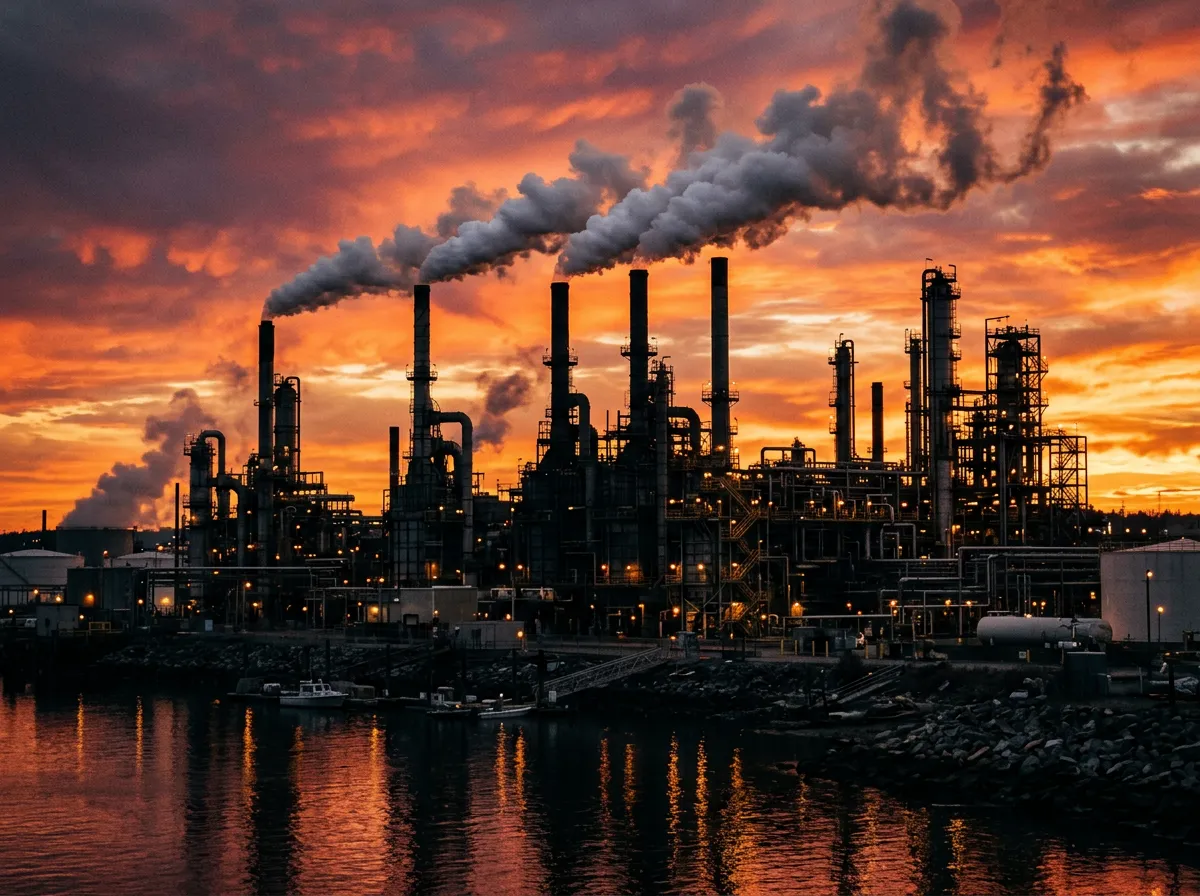 Oil refinery silhouetted against a sunset sky with rising smoke stacks