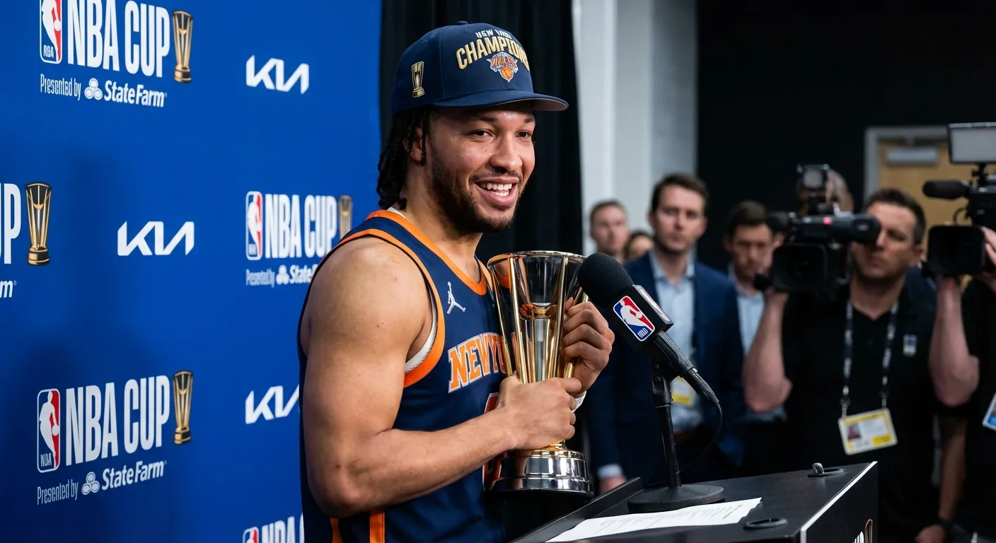 Jalen Brunson holding NBA Cup MVP trophy while speaking at podium