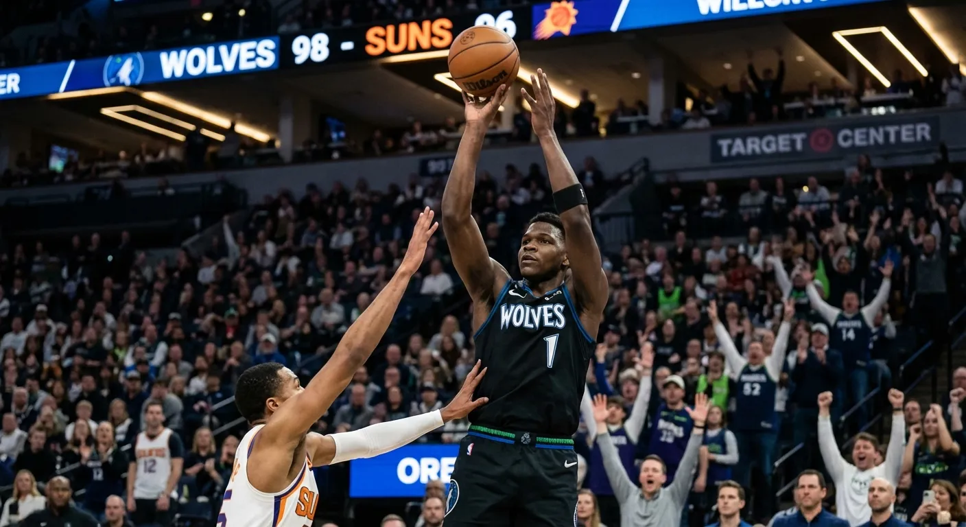 Anthony Edwards shooting over a defender in a big moment
