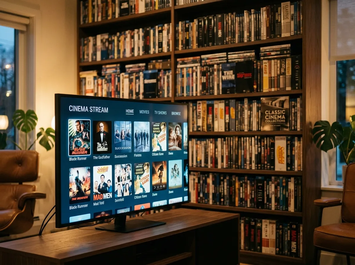 Office bookshelf full of DVD boxed sets behind a sleek modern screen showing a streaming interface