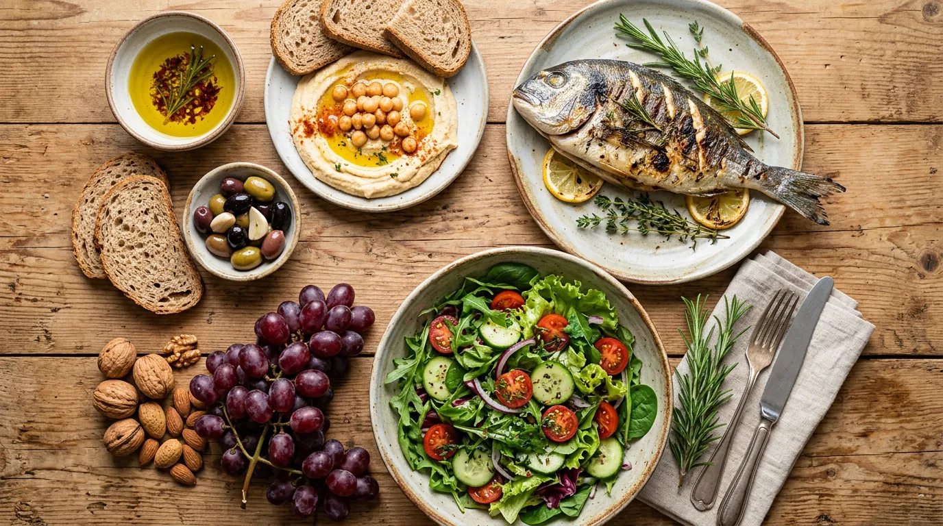 Mediterranean food spread with olive oil fish vegetables fruits and nuts on wooden table