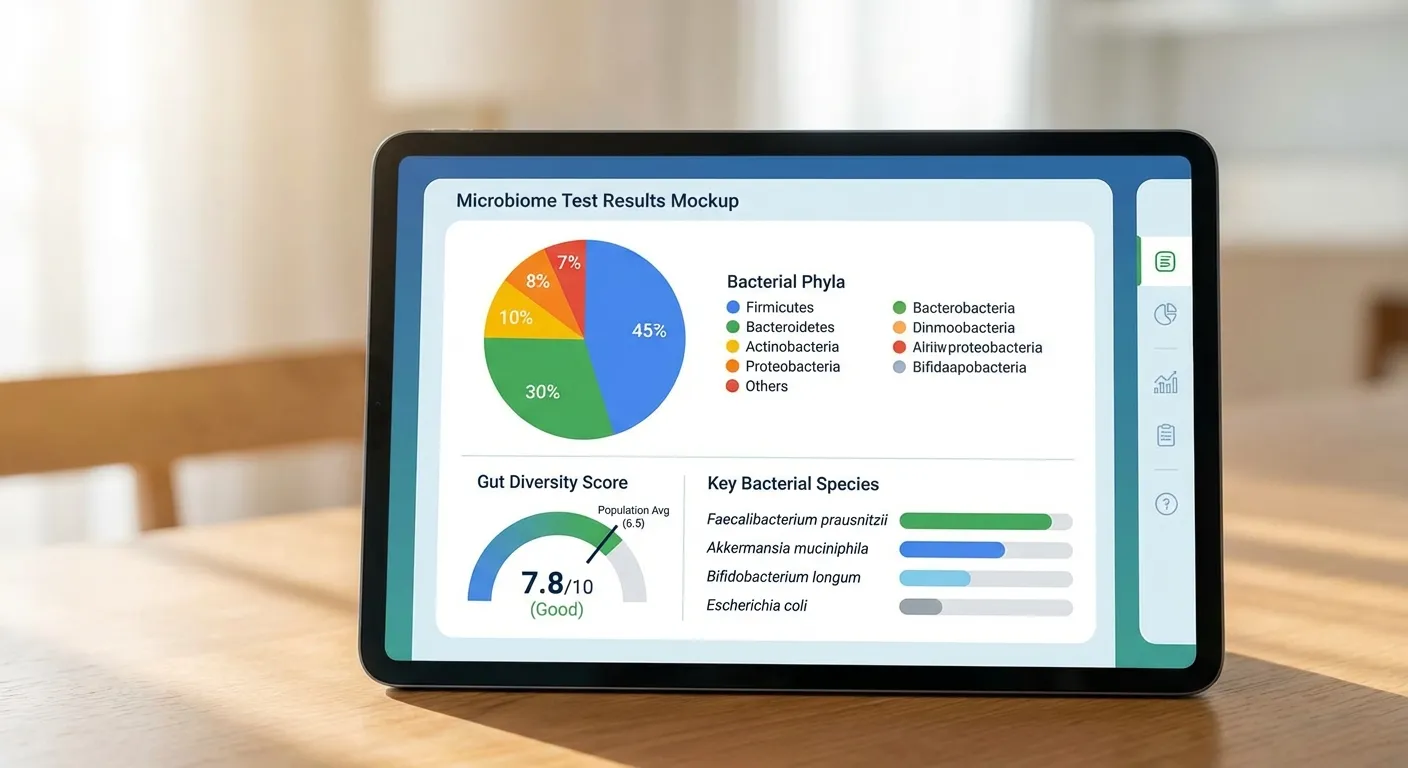 Sample microbiome test results showing bacterial diversity chart and species breakdown