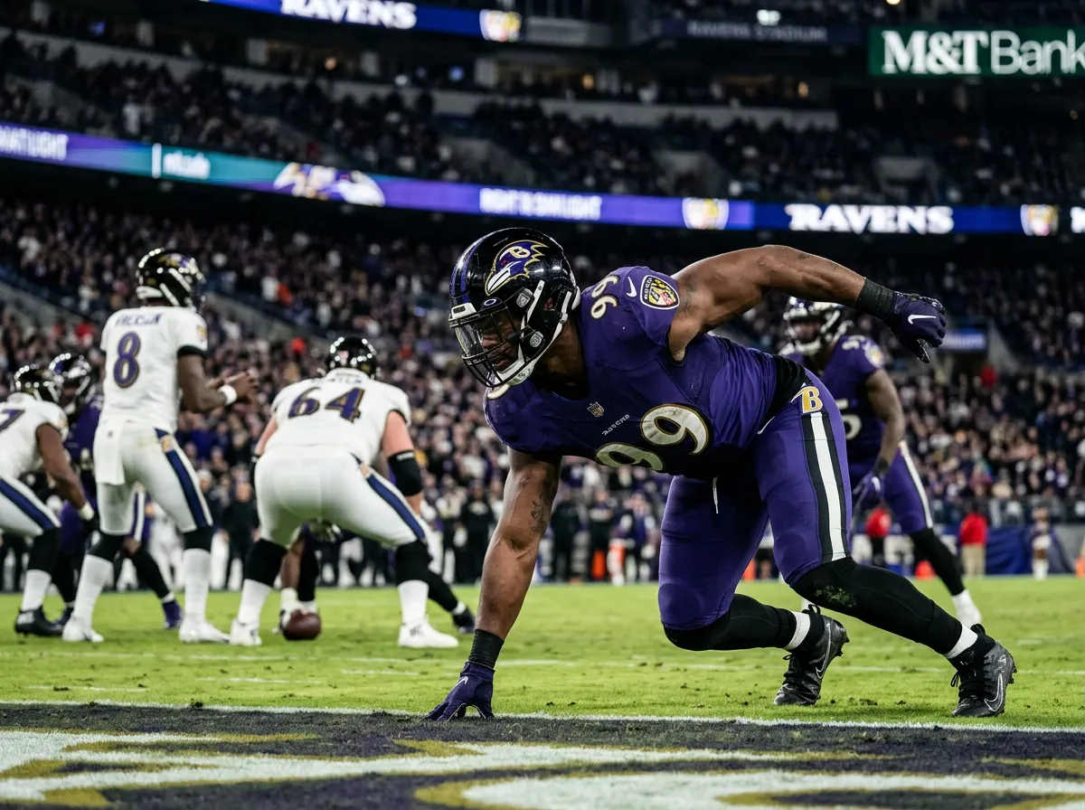 Edge rusher in a three-point stance preparing to rush the quarterback