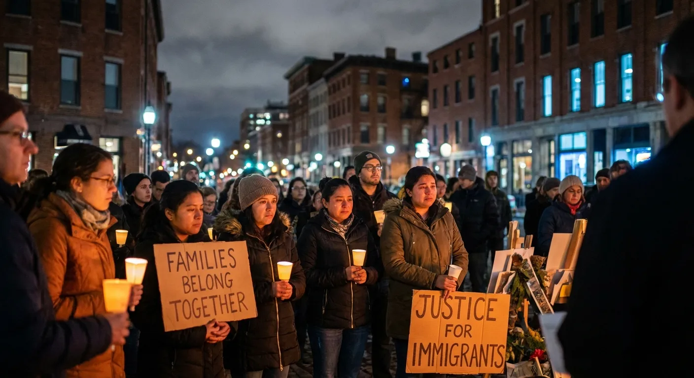 Protesters holding signs at a nighttime vigil with candles visible