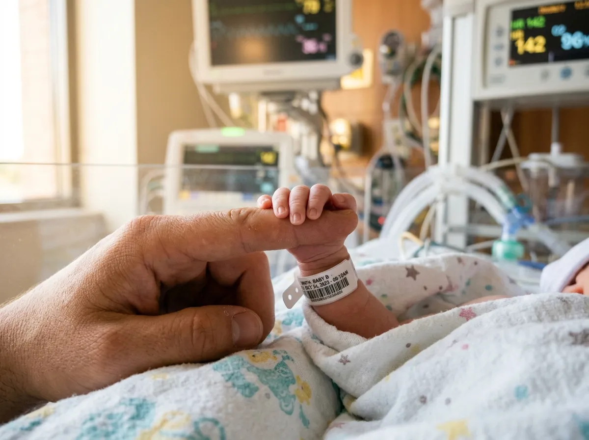 A newborn baby's tiny hand gripping an adult finger in a hospital setting