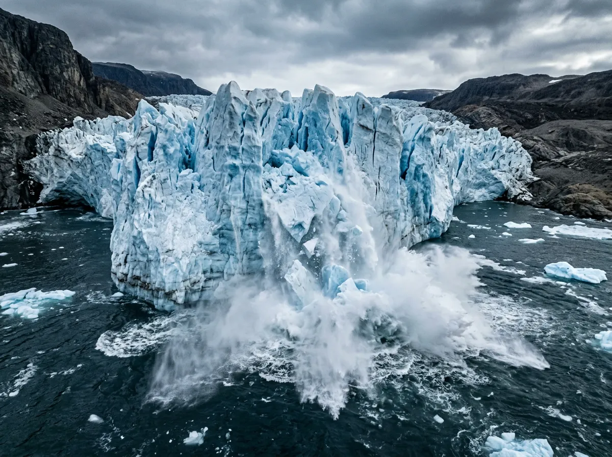 Greenland ice sheet calving with massive icebergs breaking into the ocean