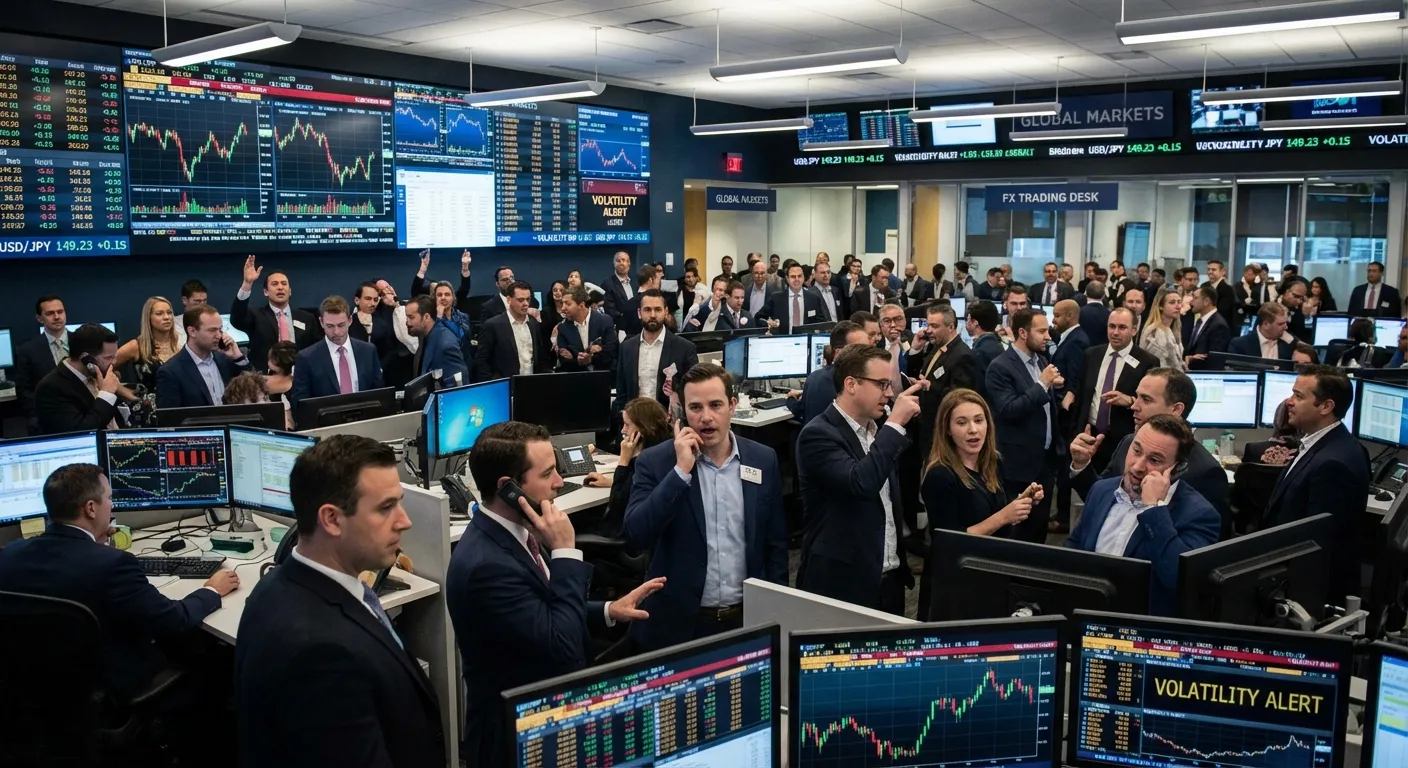 Currency trading floor with yen-dollar exchange rate displays showing volatility