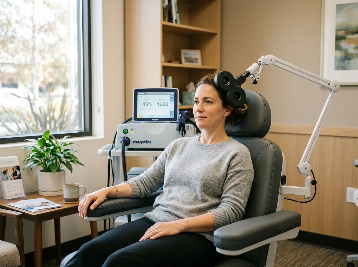 Patient seated in a modern TMS treatment chair with magnetic coil positioned on the head