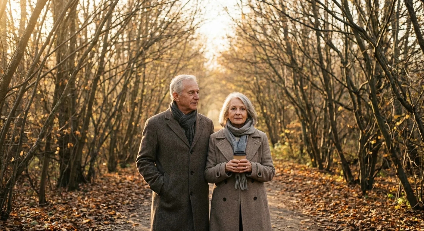 Couple walking together outdoors, shoulders touching, in comfortable silence